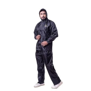 HACER Raincoat Water Resistant Rainsuit Adjustable Hood Set of Top & Bottom Barsaati Universal Rainwear with Side Pockets Packed in Carrying Pouch (Black)