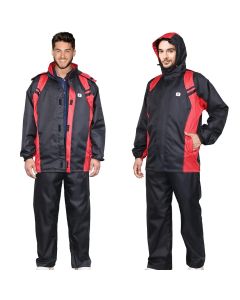 HACER Upgraded Raincoat Set Snap Closure Water Resistant Rain Gear with Carrying Pouch Drawstring Hem Foldable Hood Pant (XXL, Black & Red)