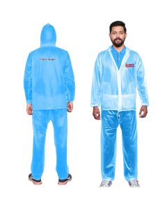 HACER Knight Rider Raincoat with Hood Water Resistant Rainsuit Adjustable Drawstring Hem Set of Top & Bottom Barsaati Universal Rainwear Side Pockets Packed in Storage Bag (Transparent Blue)