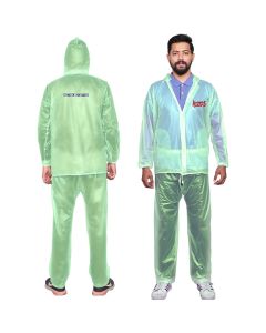 Hacer Raincoat with Hood Water Resistant Rainsuit Adjustable Drawstring Hem Set of Top & Bottom Barsaati (Transparent Green)