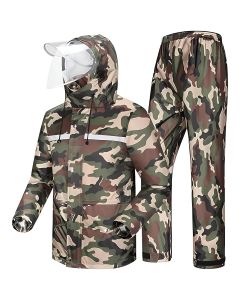 HACER Raincoat Reusable Rainwear Seam Sealed Army Print Snow Suit Face Shield & Detachable Hood for Bikers Hiking Travelling (L, Army Green)