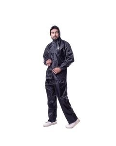 HACER Raincoat Water Resistant Rainsuit Adjustable Hood Set of Top & Bottom Barsaati Universal Rainwear with Side Pockets Packed in Carrying Pouch (Black)