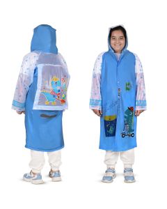HACER Raincoat for Kids 8-10 Years Long Rain Jacket Boys Girls Rainsuit Waterproof Children Rainwear with Hood School Bag Cover & Carry Pouch (1Pc, 2XL, Dino Print, Sky Blue)