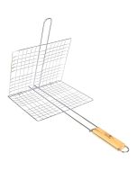 Hacer Steel Portable Barbecue Grill Net Basket Roast Grilling Tray Plated with Wooden Handle (Medium)